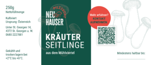 Etikette Design für Pilzzucht Neuhauser für Kräuter Seitlinge